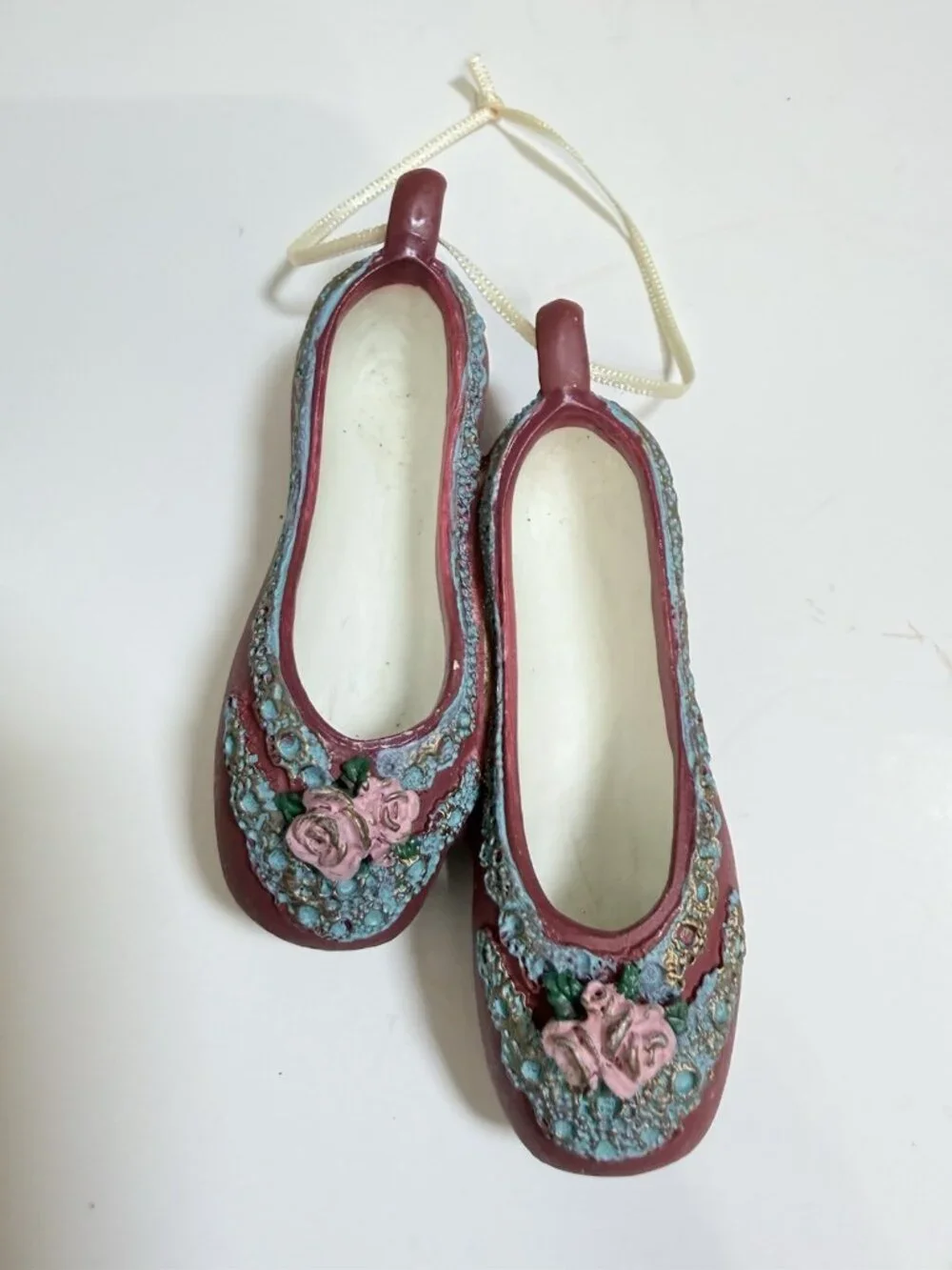 Lot of 3 Hanging Ballet Shoe Christmas Ornaments Floral Multicolor Vintage